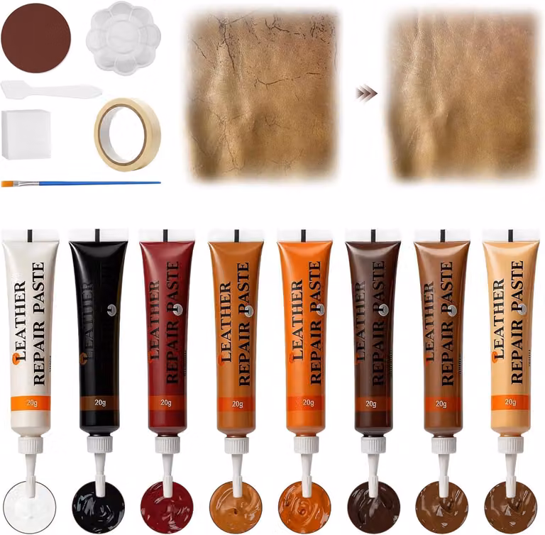 Kit di riparazione per la pelle, disponibile in 8 colori, con 20 grammi per colore, completo di strumenti, ideale per mobili e abbigliamento