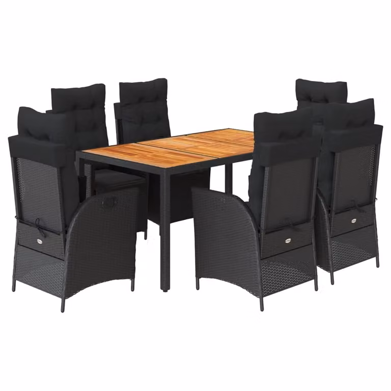 Set da Pranzo da Giardino 7 pz Nero con Cuscini in Polyrattan