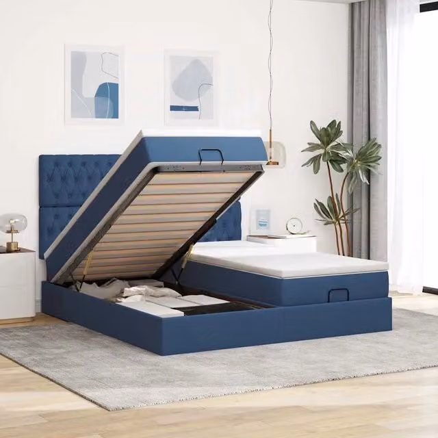Letto con contenitore a sollevamento vidaXL in tessuto blu e bianco L: 200 cm, P: 200 cm, H: 280 cm – 1