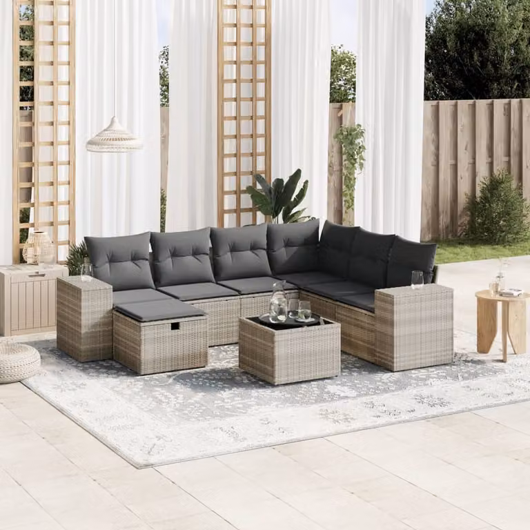 vidaXL Set Divano da Giardino a L 8pz con Cuscini Grigio Chiaro in Polyrattan e Acciaio