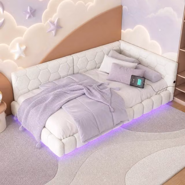 Daybed 90x200 cm con struttura in MDF e tessuto effetto lana, 16 colori luce ambientale, USB e Tipo-C, Bianco