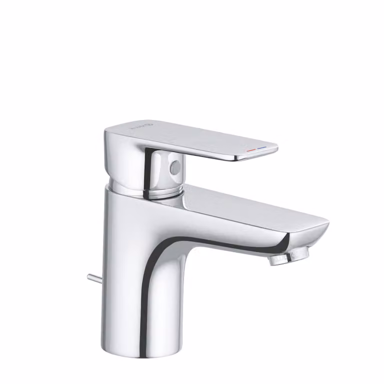 KLUDI PURE&STYLE Mitigeur monocommandé pour lavabo, montage monotrou, hauteur de bec 75mm, avec garniture d'écoulement, chrome, 403820575WR5, 403820575WR5