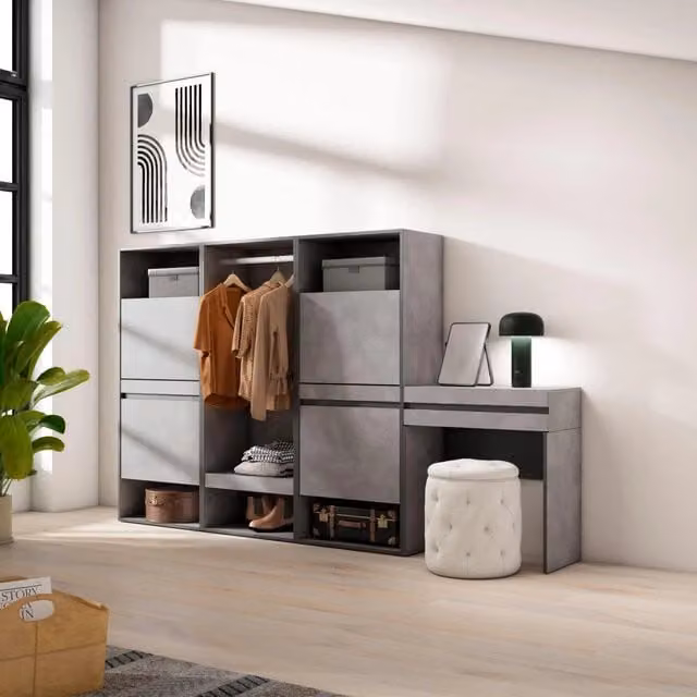 Scarpiera, 250x35x145cm, Camera da letto, Armadio Aperto, Tavolo da toeletta, grigio cemento RF3533