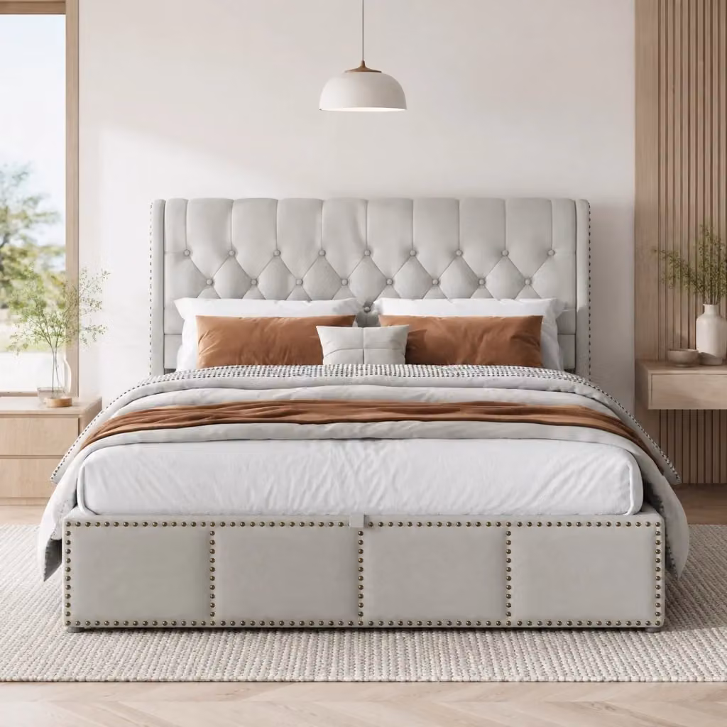 Letto con contenitore Mivray con testiera imbottita in tessuto grigio L: 140 cm, P: 200 cm – 2