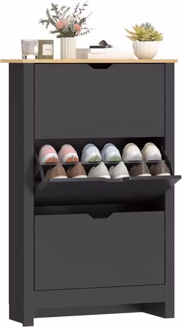 Armadio per scarpe moderno con 3 ante abattenti e 2 compartimenti, colore Nero Rovere, L: 112 cm, P: 26 cm, H: 26 cm – 1