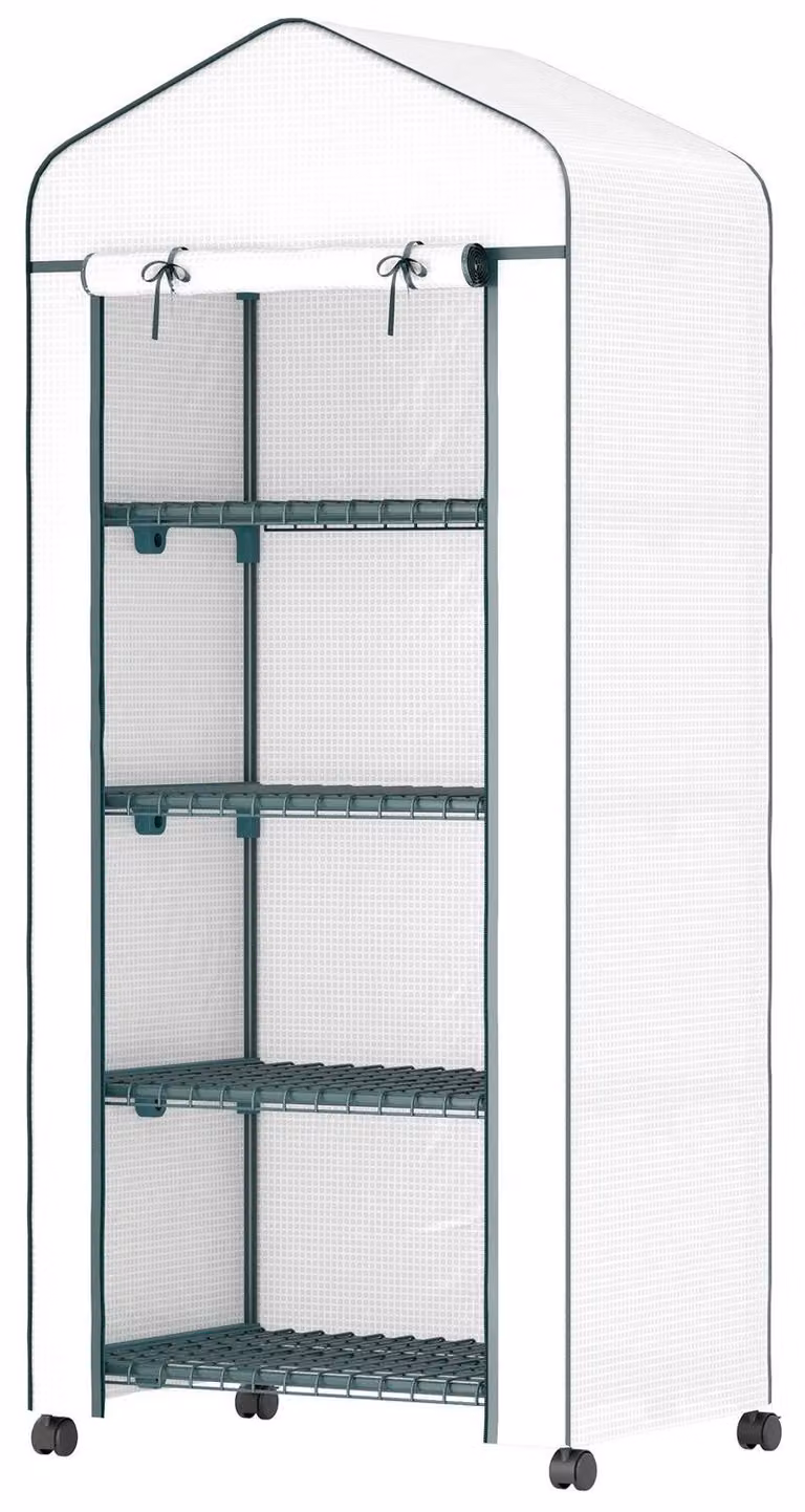 Serra con rullo, ripiani, serra in pellicola resistente all'inverno in acciaio, serra per balcone, giardino, casa per pomodori 69 x 50 x 165 cm, serra per pomodori, fiori, piante, bianco Aosom