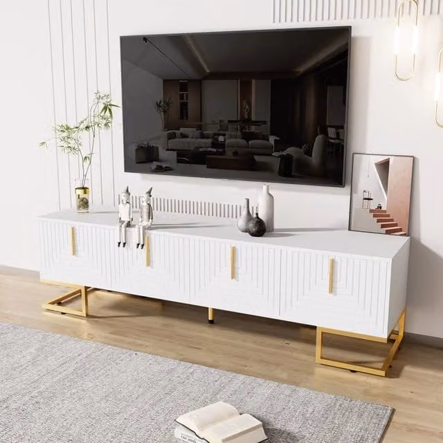 Mobile TV con 4 ante e ripiani integrati, cerniere ammortizzate, per soggiorno, bianco, 170 × 40 × 45.5 cm