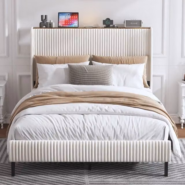 Letto a piattaforma KOMHTOM imbottito in velluto a coste beige crema L/P: 140 x 200 cm