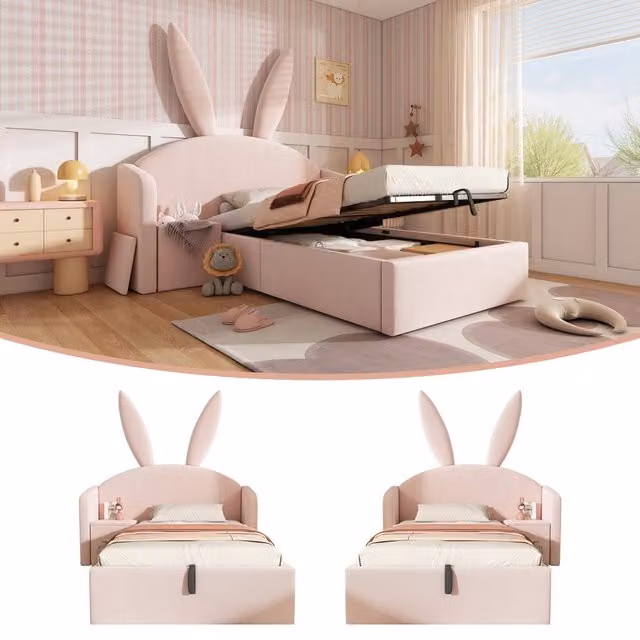 Letto imbottito 90 x 200 cm in rosa con orecchie di coniglietto, contenitore e tavolino, velluto morbido - Senza materasso