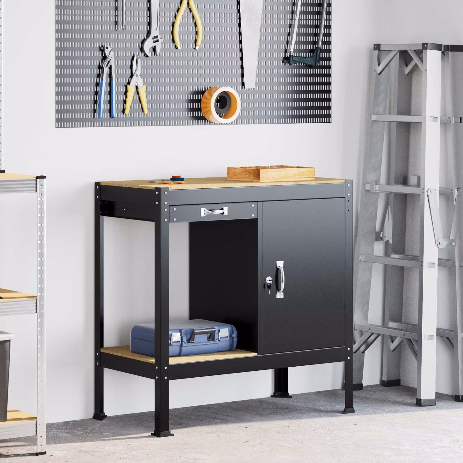 vidaXL Banco da lavoro con cassetto e pannello forato Nero L: 90 cm, P: 49 cm, H: 91 cm