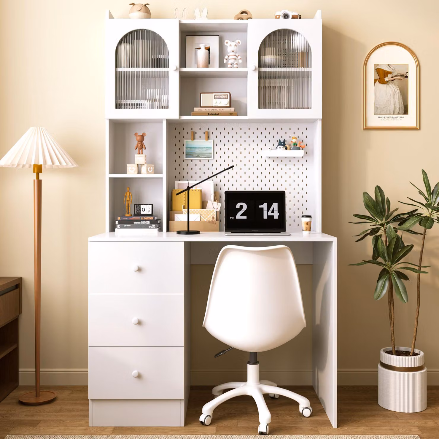 Scrivania Merax con armadio e vetrina, 3 cassetti, bacheca, libreria, scrivania per computer, 100 × 55 × 180 cm, ideale per l'ufficio domestico, colore bianco