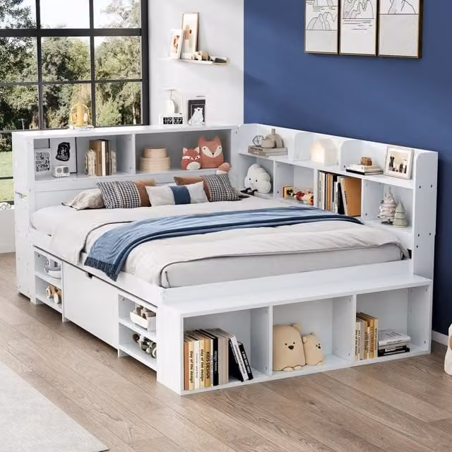 Letto Bambini 140×200 cm, Letto Singolo con 1 Cassetto, Libreria e Armadietti, senza Materasso, in Multistrato, Bianco