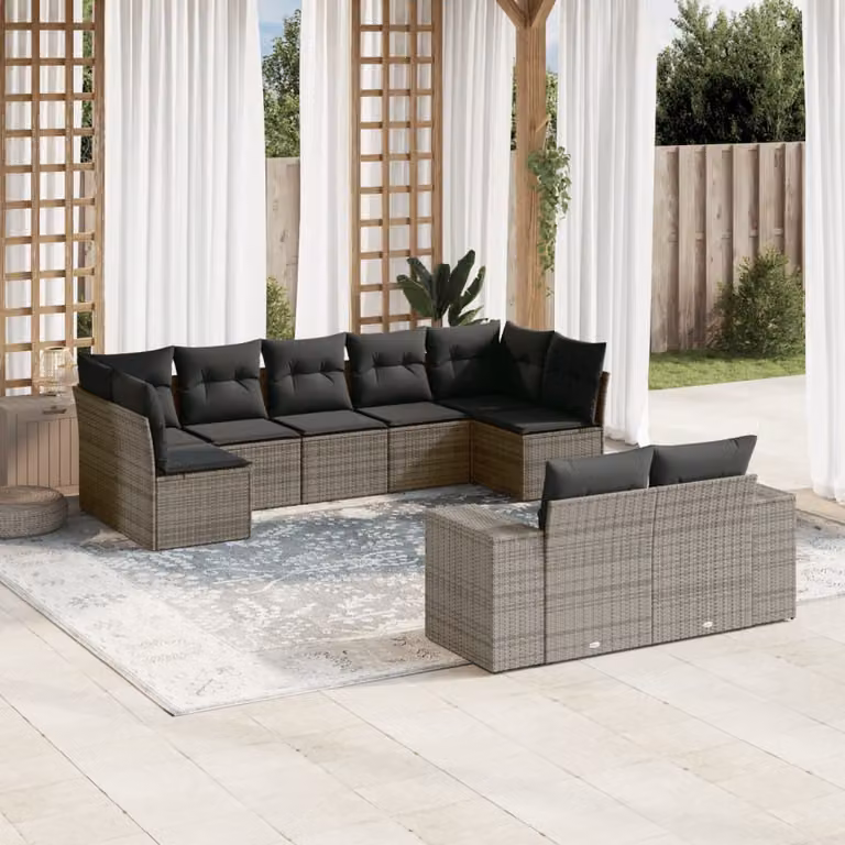 vidaXL Set Divano da Giardino 9 pz a Forma a U Grigio con Cuscini in Polyrattan e Acciaio