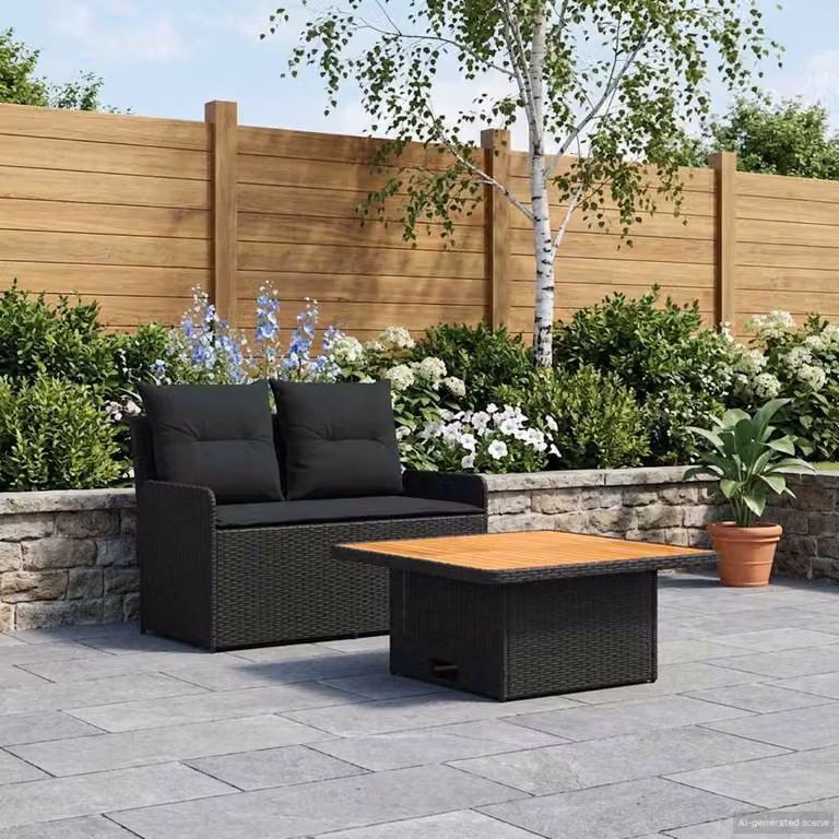 Set da giardino vidaXL composto da divano angolare a 2 posti e tavolino da caffè in polyrattan nero con cuscini imbottiti e coperture rimovibili