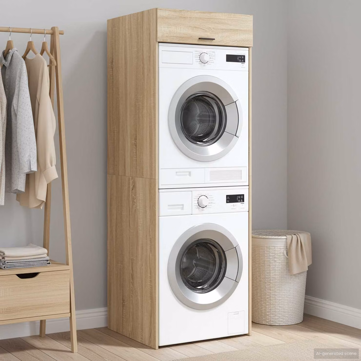 vidaXL Mobiletto per lavatrice moderno in MDF Rovere Sonoma e Nero, L: 67,5 cm, P: 68 cm, H: 200 cm