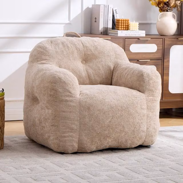 Poltrona Sacco Fagiolo Minimal con Braccioli in Pelliccia Sintetica Beige