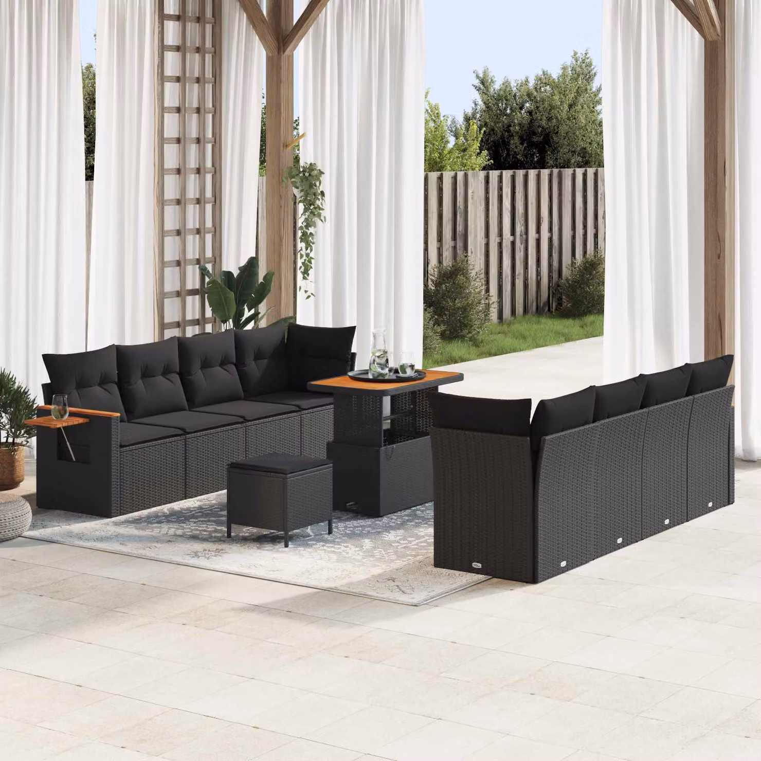 vidaXL Set Divano da Giardino Moderno a L con 12 Pezzi, Nero, con Cuscini e Tavolino, in Polyrattan e Metallo – 1