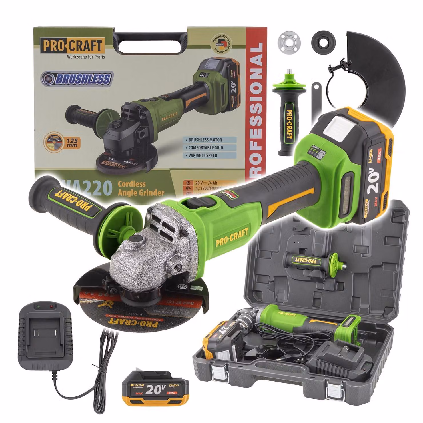 Smerigliatrice angolare a batteria Procraft PWA220 20 V 125 mm Brushless + 1x batteria 4,0 Ah + caricabatteria + valigetta
