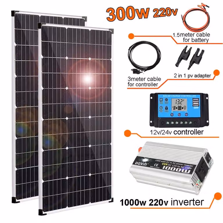 Pannello solare - Kit solare da 300W - 2 pezzi - 12V con inverter da 220V - Monocristallino - Struttura in alluminio - Adatto per imbarcazioni