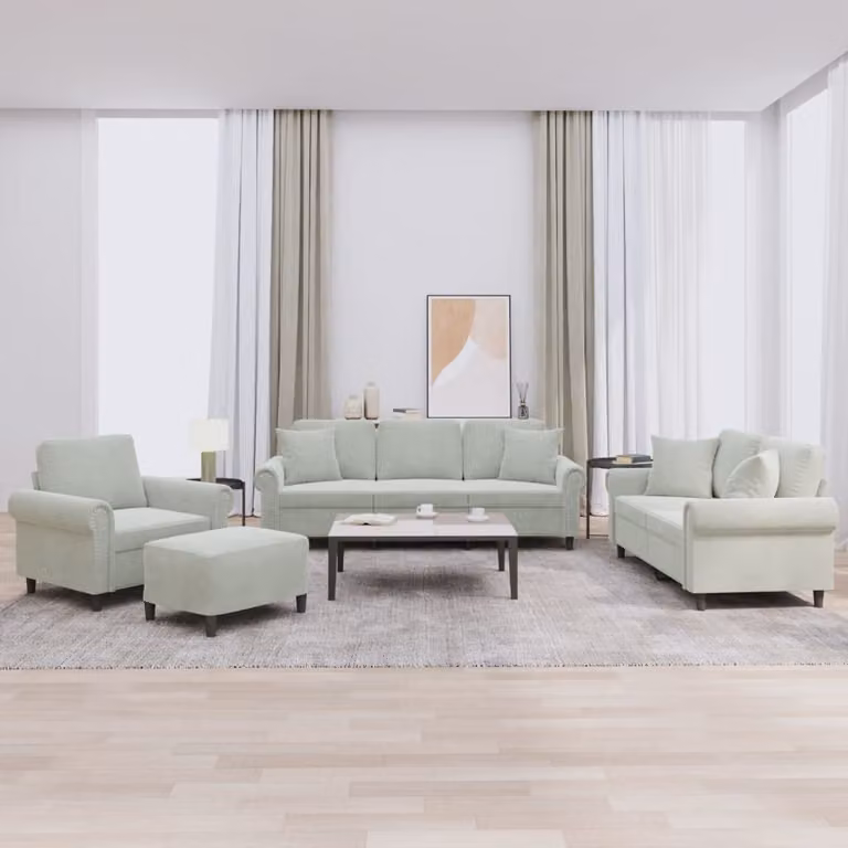 Set di Divani 4 pz con Cuscini Grigio Chiaro in Velluto