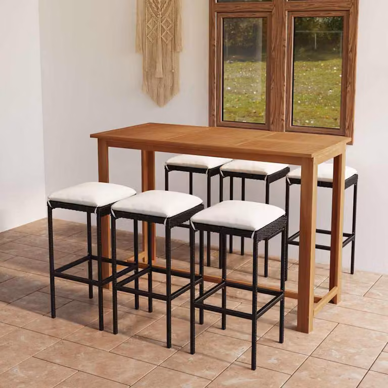 Set da Bar da Giardino vidaXL in Polyrattan e Legno di Acacia con 7 Cuscini Nero, Beige e Marrone