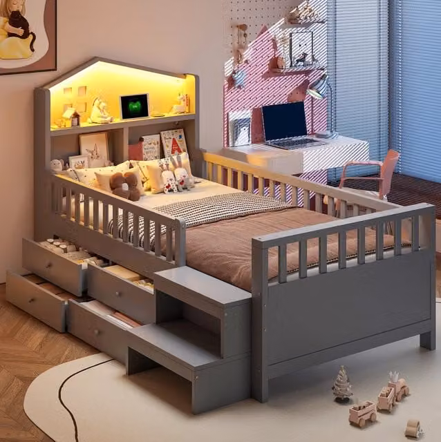 Letto per bambini 90x200 cm in legno massiccio grigio con 4 cassetti; scala laterale; LED e porte USB/Type-C