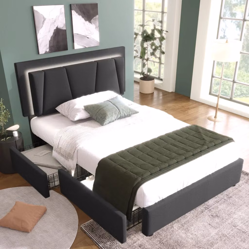 Letto Mivray con cassetti e illuminazione LED, testiera imbottita regolabile, struttura in metallo e rete a doghe, colore grigio, L/P/H: 90 x 200 cm – 2