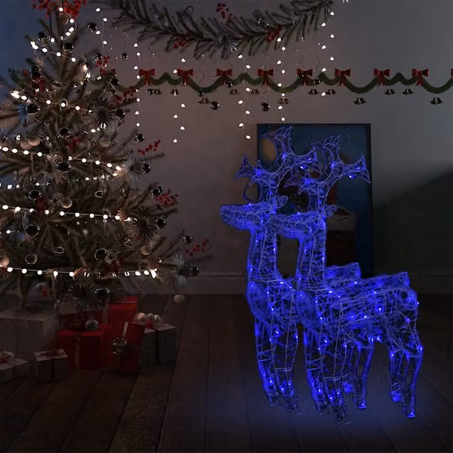 Set di 2 decorazioni natalizie a forma di renna vidaXL con illuminazione LED blu, adatte per giardino o interno, L/P/H: 60 x 16 x 100 cm