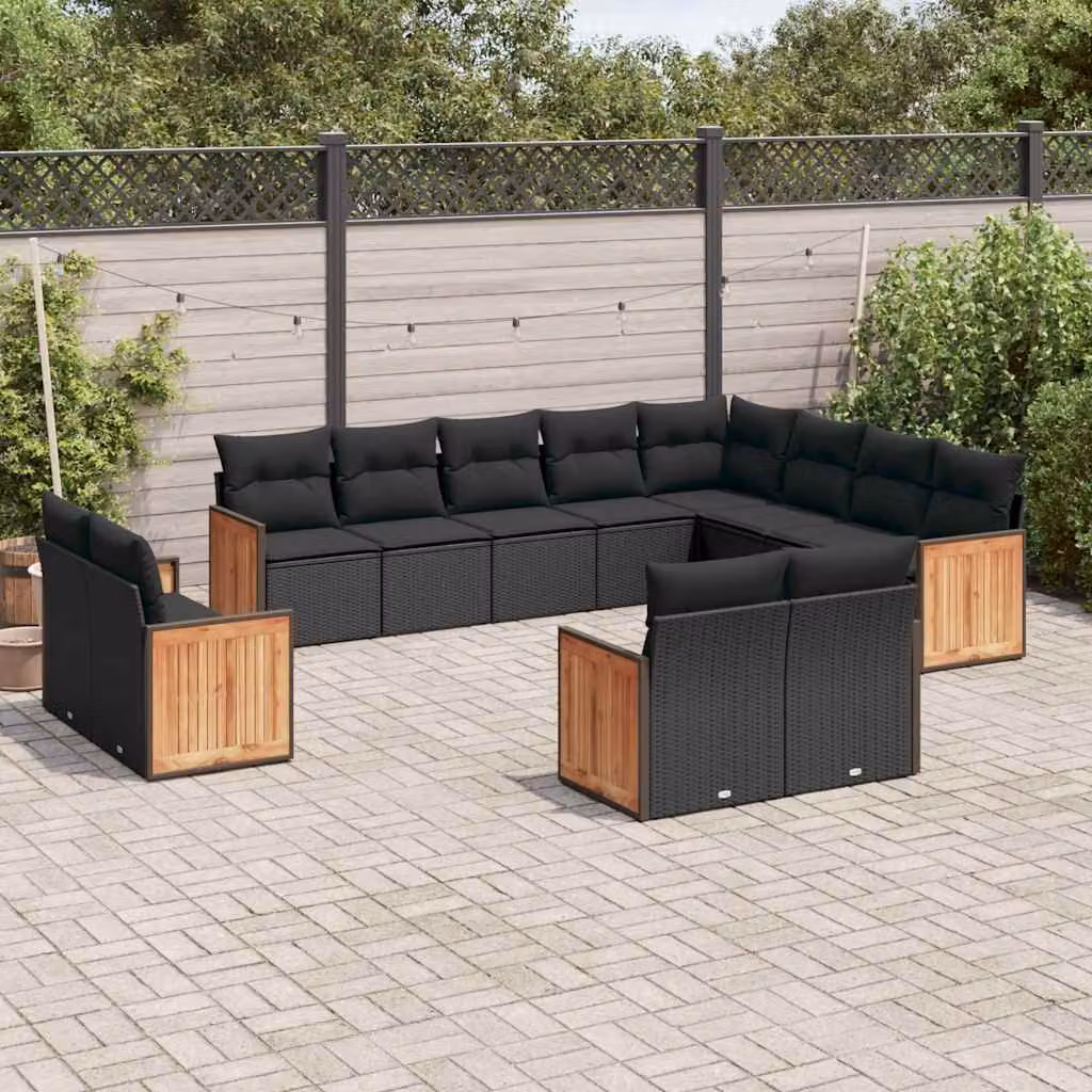 Set di divani da giardino vidaXL 12 pezzi a forma di U in polyrattan nero con cuscini inclusi – 1