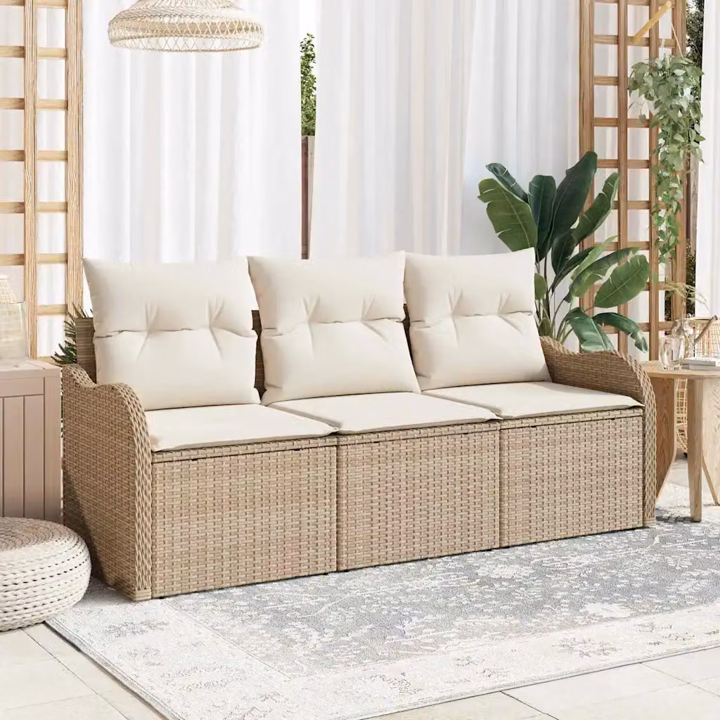 Set Divano da Giardino vidaXL 3 Pezzi Beige con Cuscini e Tavolino in Polyrattan e Metallo