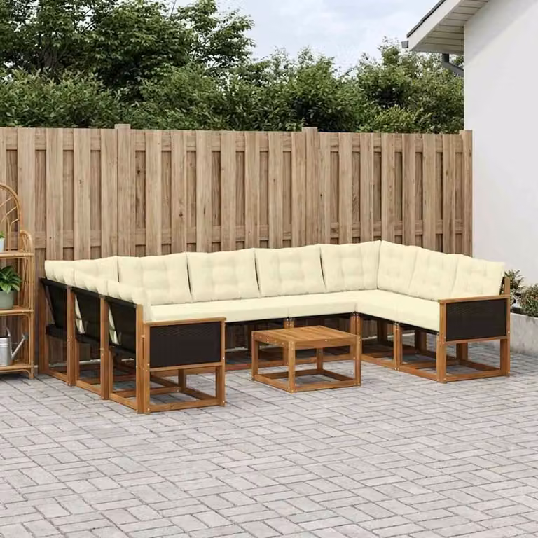 vidaXL Set di divani da esterno a L in legno di acacia con tavolo da caffè, 10 pezzi, Beige e Bianco