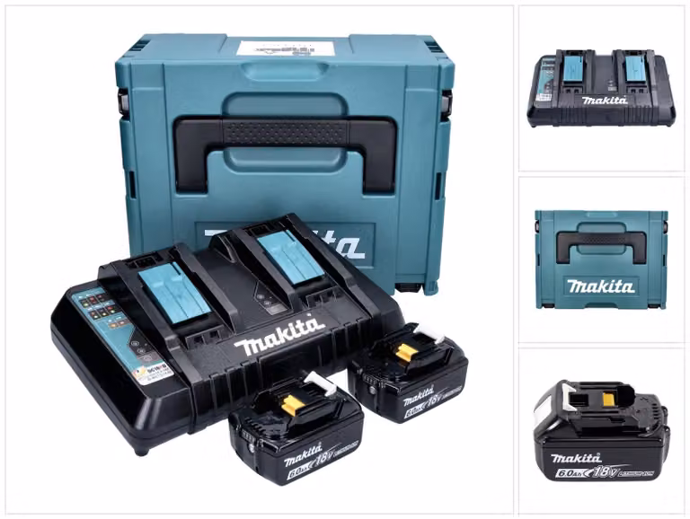 Set di 2 batterie Makita BL1860B 6.0Ah 18V + caricatore rapido doppio DC18RD + valigetta Makpac (2x 197422-4) (196933-6)