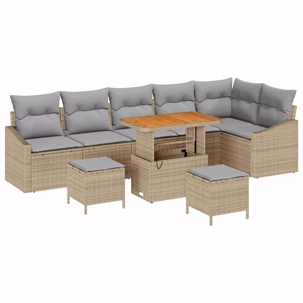 Set Divano da Giardino vidaXL 9 Pezzi in Polyrattan Beige con Cuscini e Tavolino da Esterno – 2