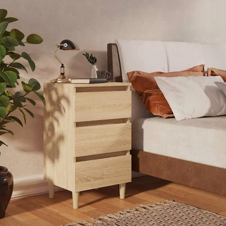 Comodino vidaXL in stile scandinavo con gambe in legno massello rovere sonoma, colore beige e marrone, L 40 cm x P 35 cm x H 69 cm