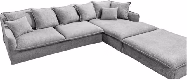 Divano ad angolo Meublorama KALIA in tessuto bouclé grigio con pouf e poggiatesta regolabile, angolo destro, L: 255 cm x P: 80 cm x H: 95 cm – 1