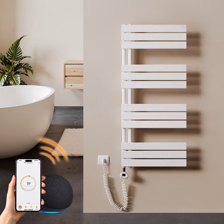 S'AFIELINA 1041x500mm Scaldasalviette elettrico bagno WiFi, termoarredo con termostato, programmabile, LCD, 600 W, asciugamani a basso consumo, bianco