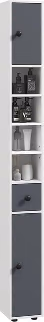 Colonna bagno XYLO con cassetto e ante, 5 ripiani, grigio opaco, L/P/H: 20 x 20 x 180 cm – 1