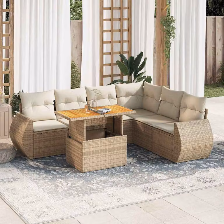 Set di divani da giardino vidaXL in polyrattan beige con 7 pezzi e cuscini inclusi