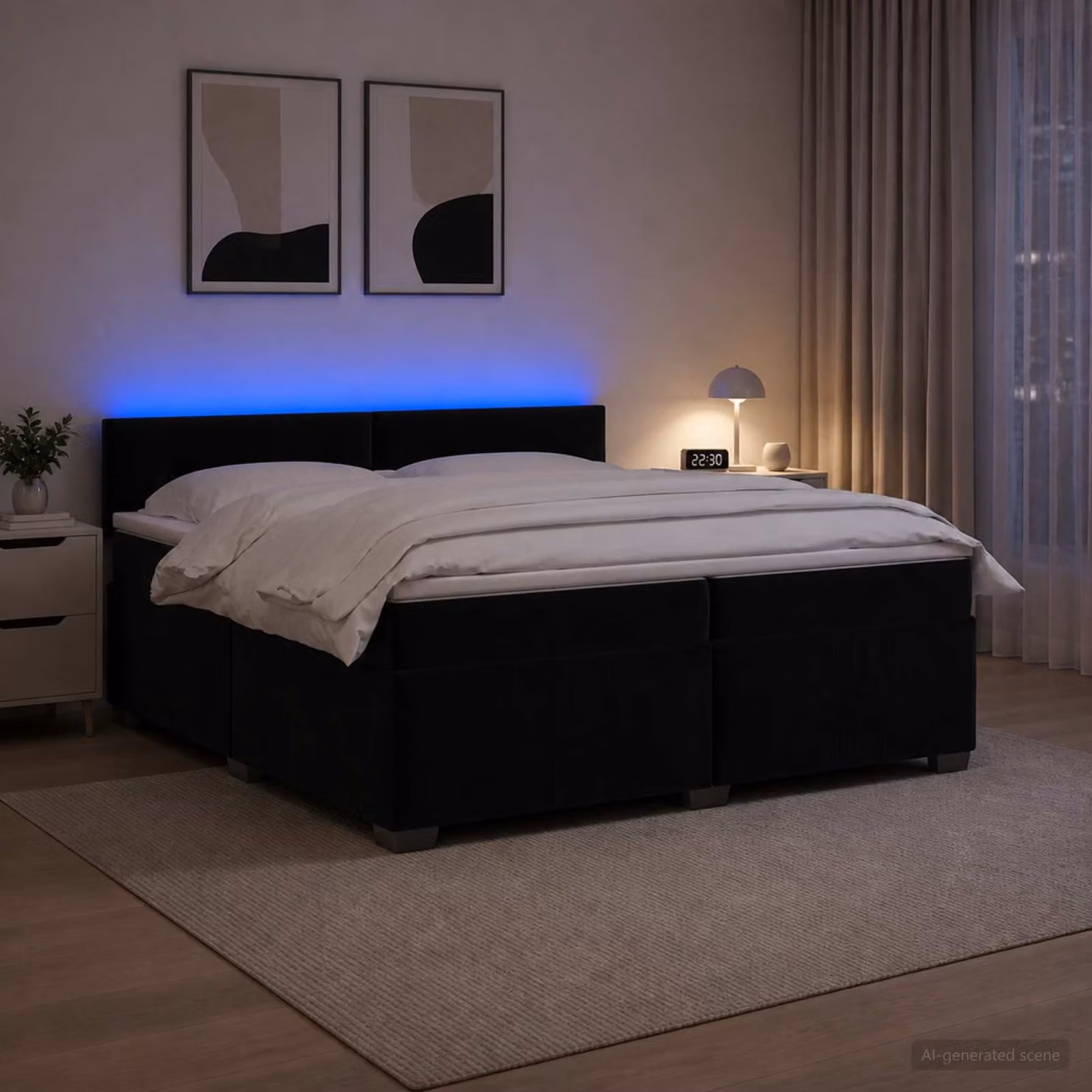 Letto con Box Spring, Materasso e Illuminazione LED vidaXL in Velluto Nero, L/P: 200 x 200 cm