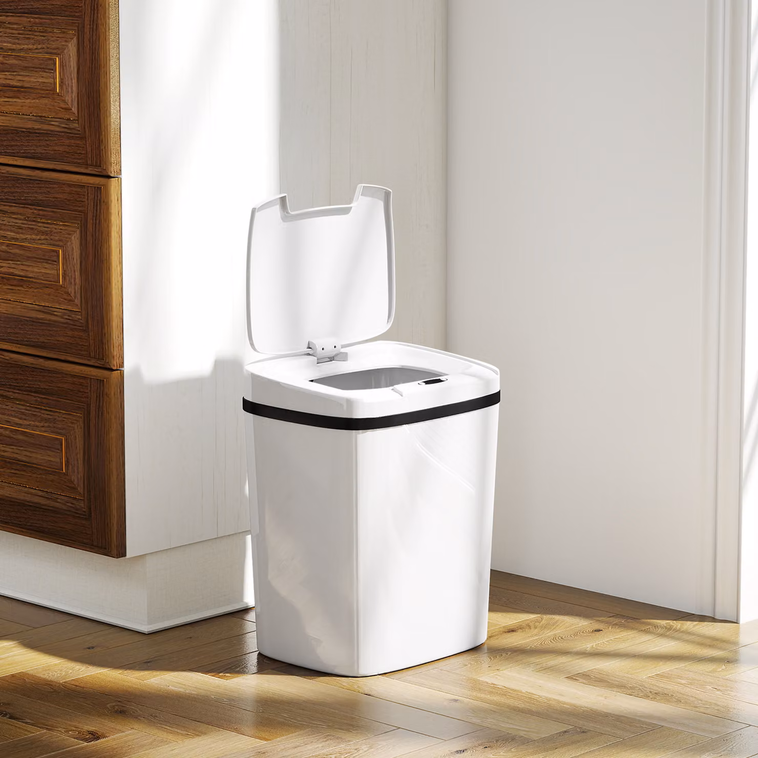 Pattumiera con sensore a infrarossi HOMCOM da 15L con 2 modalità di apertura e superficie anti-impronte, colore bianco – 2