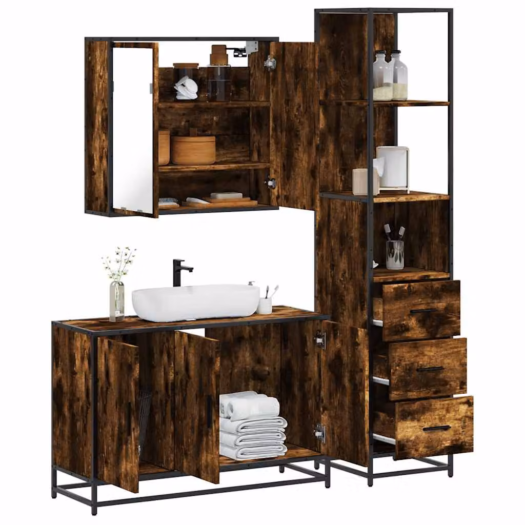 Set di mobili da bagno industrial vidaXL in legno e metallo marrone composto da mobile sottolavabo, pensile con specchio e colonna alta L/P/H: 90 x 33 x 166 cm