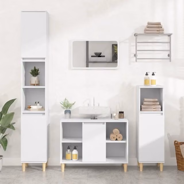 Set di mobili da bagno vidaXL in legno bianco opaco composto da 3 pezzi con mobile lavabo e colonna alta