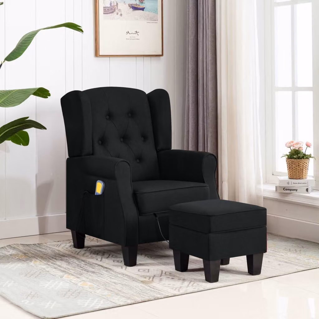 The Living Store Sedia da massaggio con sgabello in tessuto nero