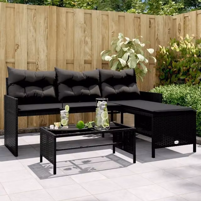 Divano da Giardino con Tavolo e Cuscini a L Nero in Polyrattan 365572