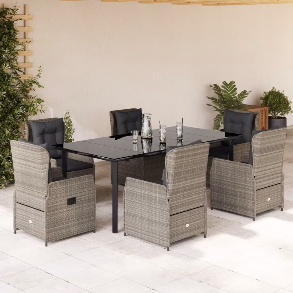 Set da pranzo da giardino vidaXL in polyrattan e vetro con 7 pezzi, grigio e nero – 1