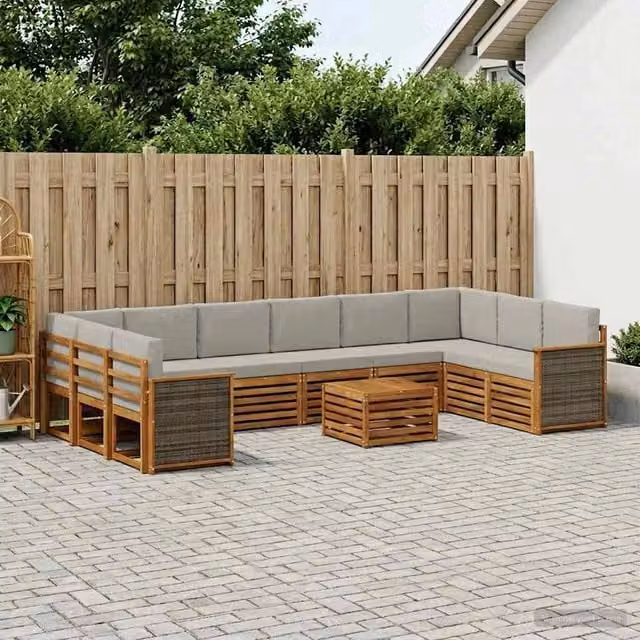Set di divani da esterno a L con tavolino vidaXL in legno di acacia, beige e grigio – 1