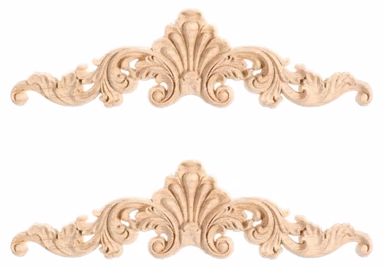 2 elementi decorativi in legno, applicazioni angolari intagliate per mobili