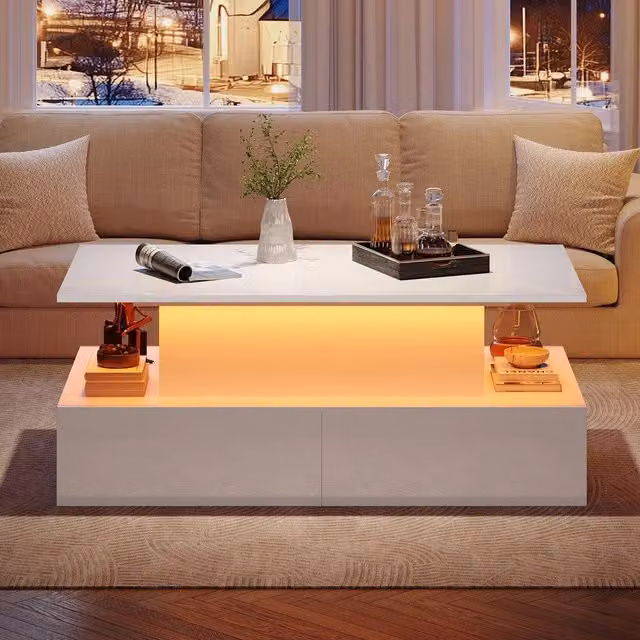 Tavolino da Caff¨¨ con LED e 4 Cassetti ¨C MINIMAL ¨C Bianco Lucido 90x55x41