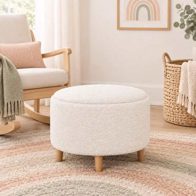 Pouf contenitore rotondo ULEVR ?56x42 cm con coperchio ribaltabile e gambe in legno, bianco