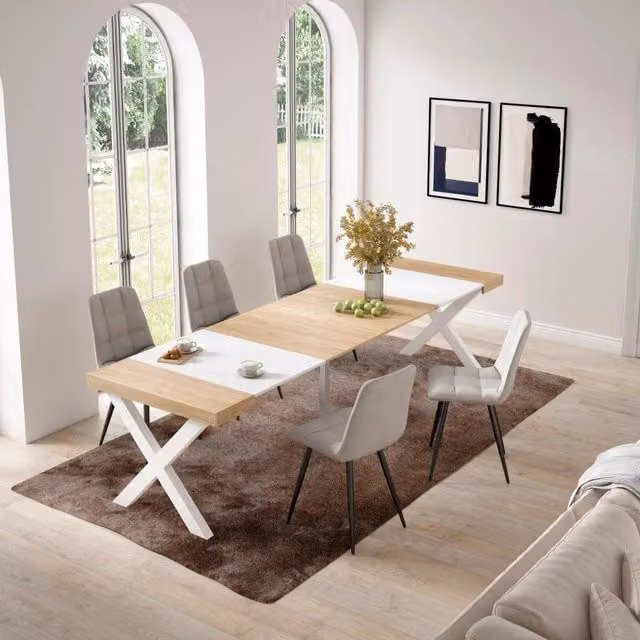 Consolle allungabile, 58 fino 302x90x73cm, Per 14 persone, Gambe in legno, colore Rovere e bianco RF2839